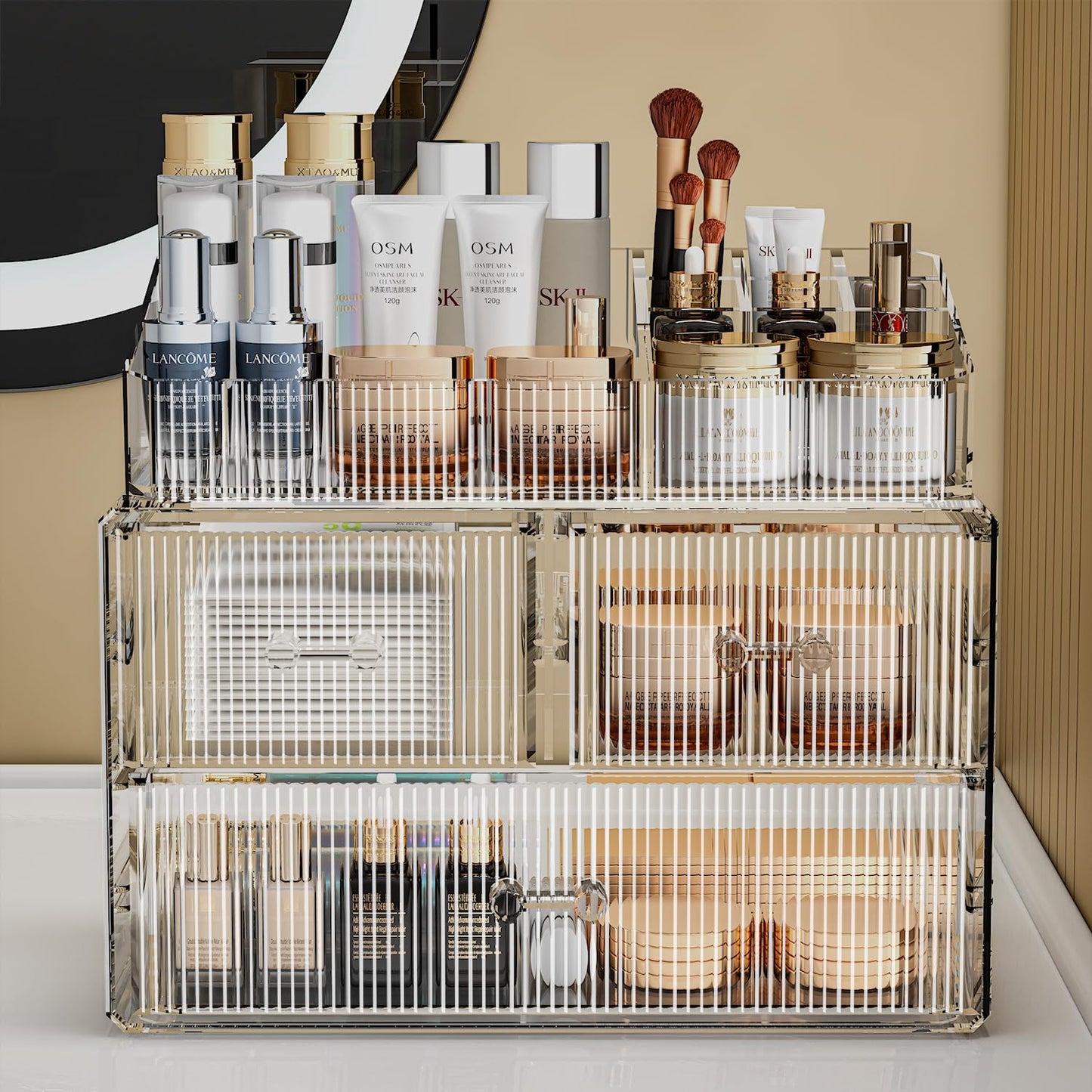 ZHIAI Stackable Storage Drawers, Acrylic Bathroom Counter Organizer Clear Makeup Organizers for Vanity, Kitchen Cabinets, Bathroom, Undersink, Home Organization and Storage (3 Drawers, Pattern A)