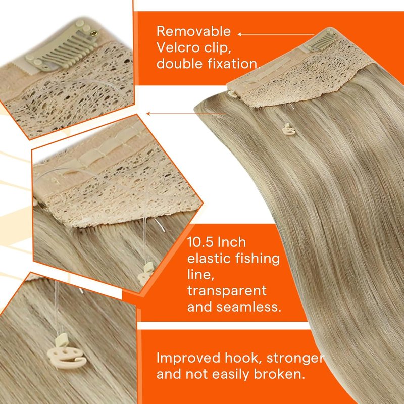 Real Human Hair Extensions - 18 Inch Soft Wire Hairpiece | Golden Blonde Highlights, Adjustable & Easy to Wear