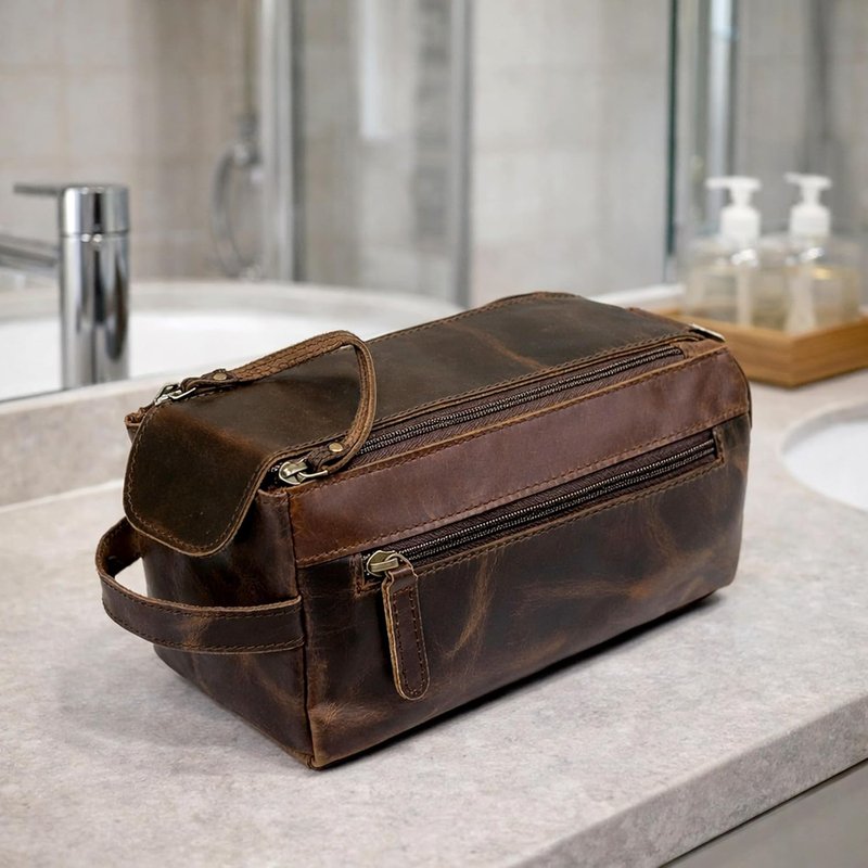 Genuine Buffalo Leather Unisex Toiletry Bag - Premium Travel Dopp Kit | Durable & Stylish Design