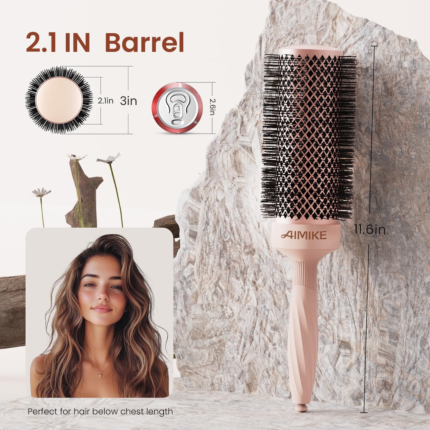 AIMIKE Round Brush for Blow out, Rose Luxe Extra-Long Round Hair Brush Ionic & Nano Thermal Ceramic Tech, for Blow Drying & Styling Volumizing Thick Long Hair, with 4 Clips (Barrel 2.1", Bristle 3")