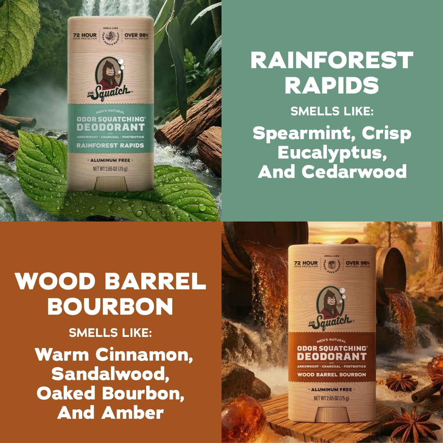 Dr. Squatch Natural Men’s Deodorant – Aluminum Free Natural Deodorant Men with Charcoal & Postbiotics for 72-Hour Odor Protection – Rainforest Rapids + Wood Barrel Bourbon, 2.65oz Stick (2-Pack)