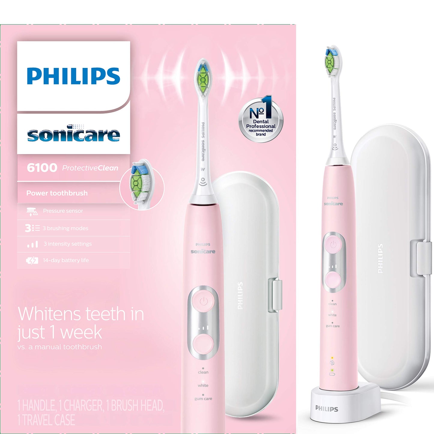 Philips Sonicare ProtectiveClean 6100 Rechargeable Electric Toothbrush, with Pressure Sensor, 3 Cleaning Modes, SmarTimer and QuadPacer, 14-Day Battery Life, Travel Case, Pink, Model HX6876/21
