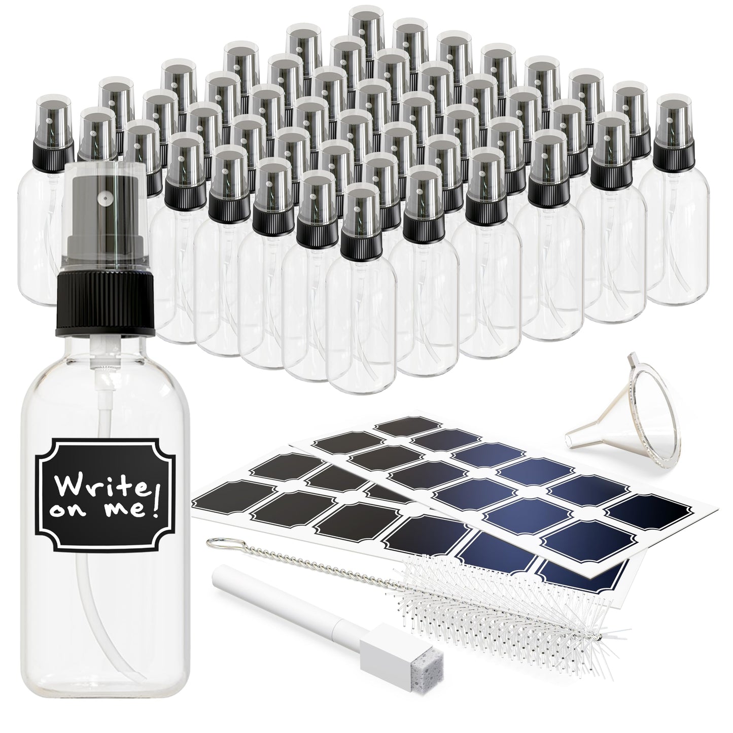Nevlers Clear Glass Small Spray Bottle 2 Oz 48 Pack | Mini Travel Spray Bottle Set with Funnel, Brush, Marker & Labels | Face, Hair & Body Spritzer Bottles | Small Atomizer Mist Bottles for Perfume