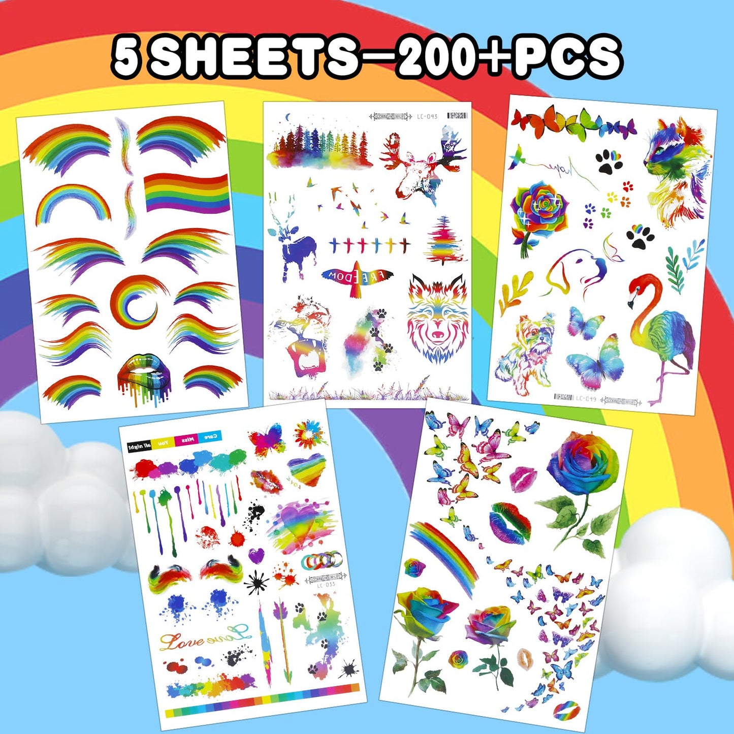 200+ PCS Pride Rainbow Tattoos Stickers LGBT LGBTQ Flag Decorations Accessories Temporary Sticker Pride Month Gay Birthday Party Gifts Boys Girls Men Woman Cute Fake Tattoo Themed Festival
