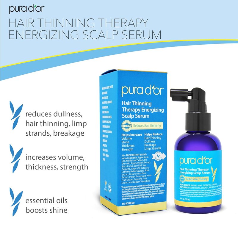 PURA D'OR Hair Thinning Therapy Serum - Energizing Scalp Treatment with Biotin & Caffeine | 4oz for All Hair Types