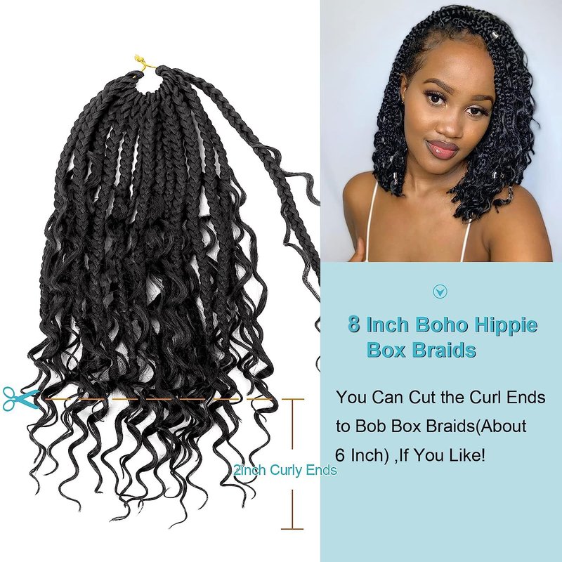 Goddess Box Braids Crochet Hair With Curly Ends 8 Inch Bohomian Box Braids Crochet Braids 8 Packs 3X Crochet Braids Synthetic Braiding Hair Extension for Black Women (8 Inch (Pack of 8), 1B)…