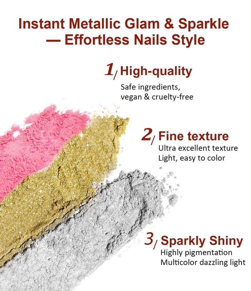 BISHENGYF Chrome Nail Powder Kit 6 PCS - Gold Chrome Nail Powder with Pearl Chrome & Effect,Metallic Mirror Holographic Nail Powder for Gel Nails DIY Home Salon Manicure White Silver Pink Blue