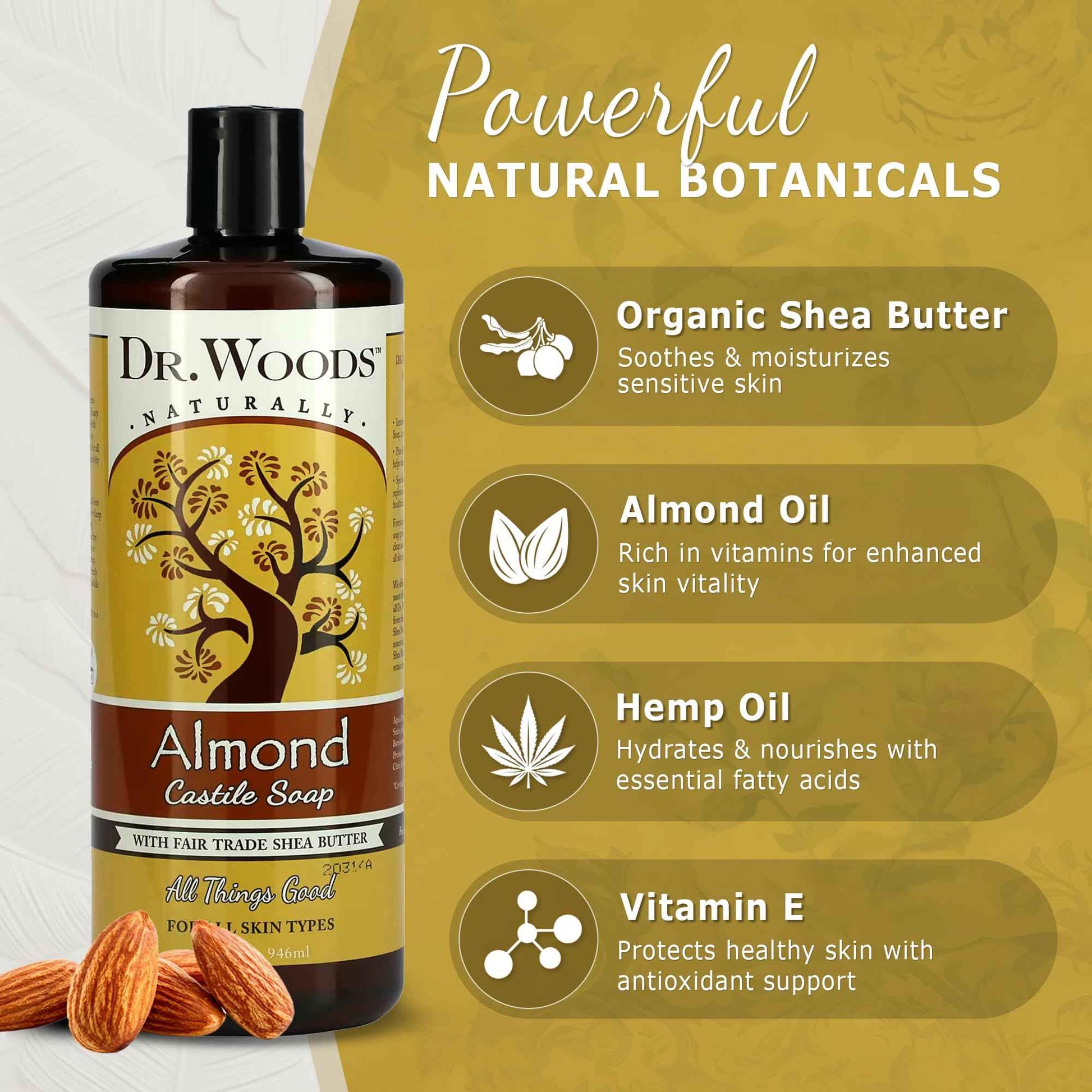 Dr. Woods Almond Liquid Castile Soap with Pump- Castile Soap with Pure Almond Oil, Body Wash for Men and Women, Contains Organic Shea Butter, Natural Cleaner for Face, Hands, and Body - 32 Fl Oz