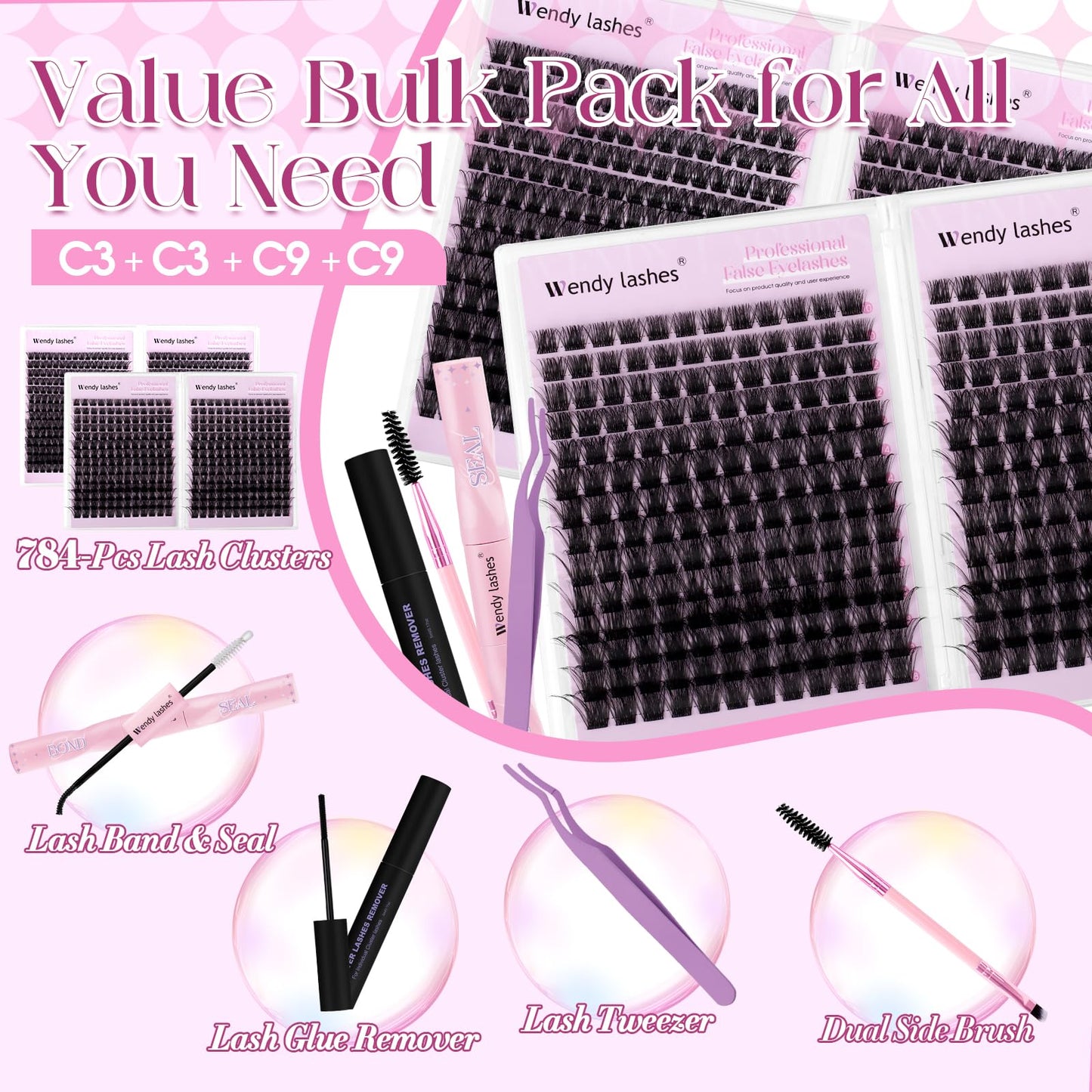 Wispy Lash Clusters Kit Packs: Wendy, 784Pcs, C3, C3, C9, C9, D Curl, 10-18mm Mixed, Natural, Volume, Soft, DIY Eyelash, Individual, Fake Lashes, Bulk Pack