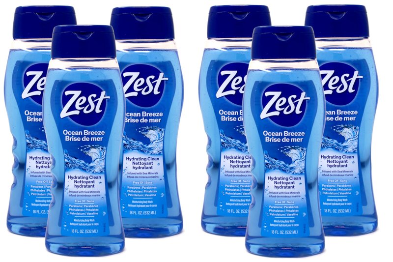 Zest Body Wash - Enriched with Sea Minerals - Invigorating Scent - Hydrating Body Soap - Suitable for All Skin Types - Ocean Breeze - 6 pc