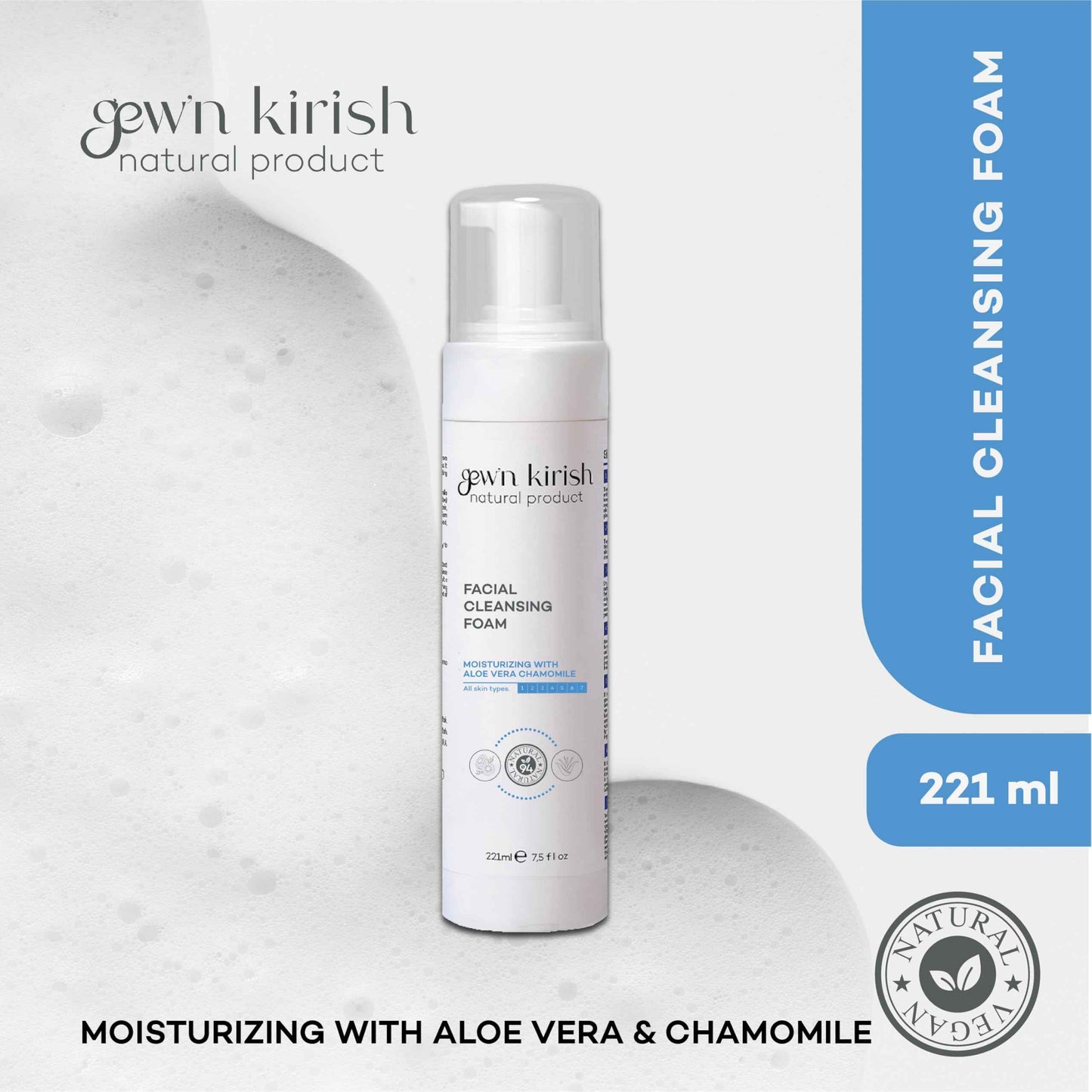 Gew’n Kirish Facial Cleansing Foam – Gentle Daily Cleanser for All Skin Types, With Aloe Vera, Chamomile, Niacinamide, Moisture-Balancing Soft Lather, 7.5 fl oz