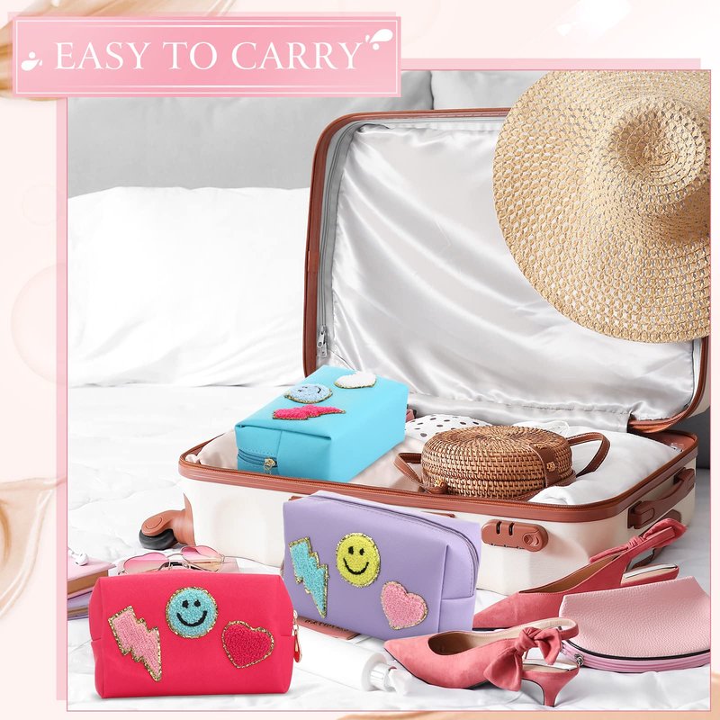 Chunful 9 Pcs Preppy Makeup Bag PU Leather Cosmetic Bag Bulk Makeup Plain Pouch Waterproof Toiletry Purse for Women Traveling Pencil Case Girl's Gift(Multicolor, Smile, Lightning, Heart)
