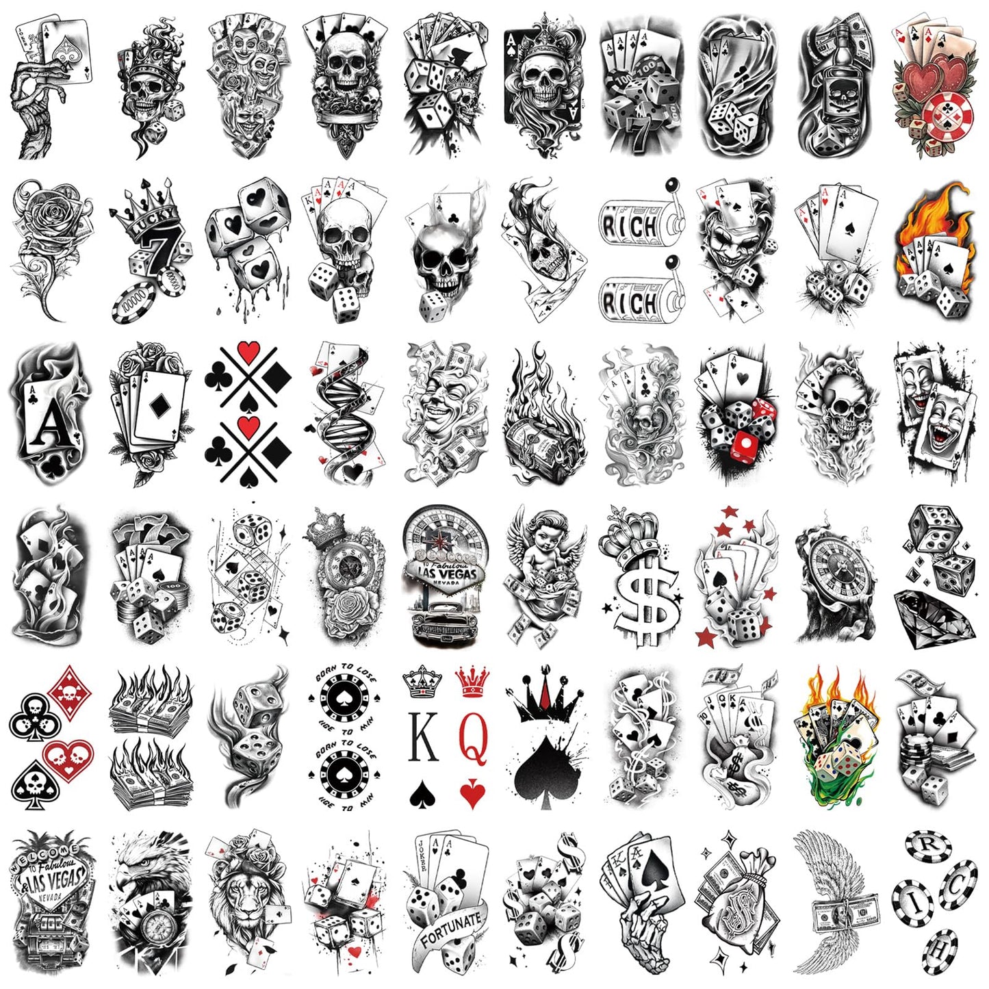 Casino Temporary Tattoos (77 Sheets), Fake Tattoo for Adults and Kids, Waterproof Fake Body Tattoo Stickers for Halloween, Parties, Cosplay, Casino Night - Realistic Poker/Dice/Skull/Chicano Designs