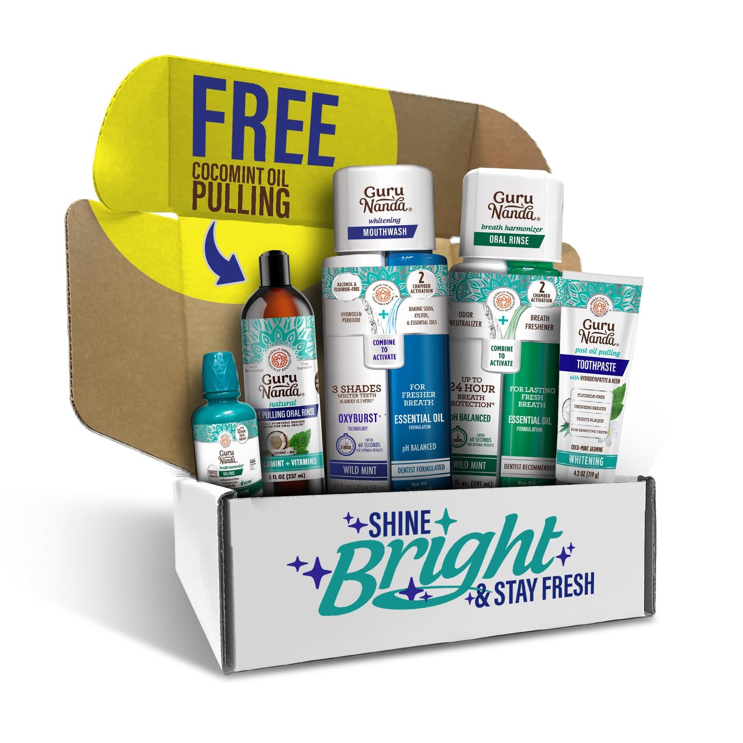 GuruNanda Shine Bright Stay Fresh – Dual Barrel Whitening & Breath Harmonizer Mouthwash & Neem Toothpaste for Long-Lasting Fresh Breath & Teeth Whitening