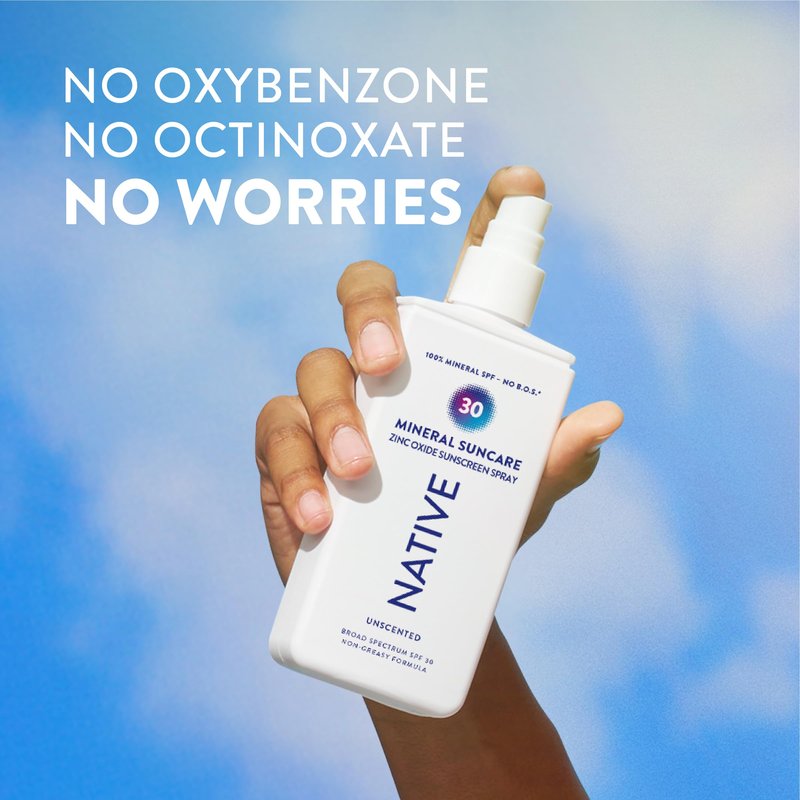 Native Mineral Sunscreen Spray SPF 30, Unscented, with 100% Mineral Zinc Oxide for Face & Body, Hawaii Compliant, Vegan, No White Cast - 7 oz