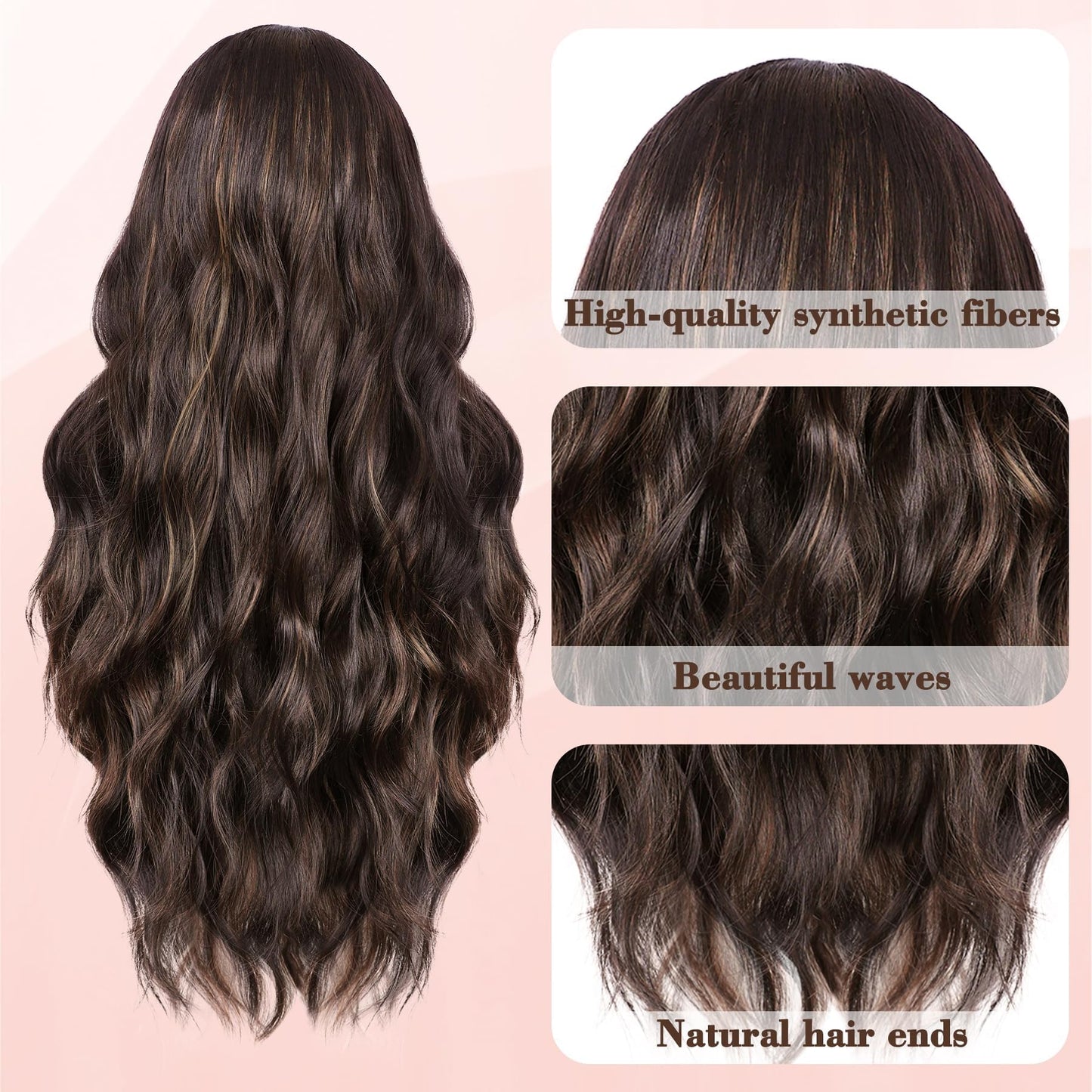 NAYOO Long Dark Brown Mixed Chestnut Wavy Wig for Women 26 Inch Middle Part Lace Hairline Curly Wavy Wig Natural Looking Synthetic Heat Resistant Fiber Wig for Daily Party Use