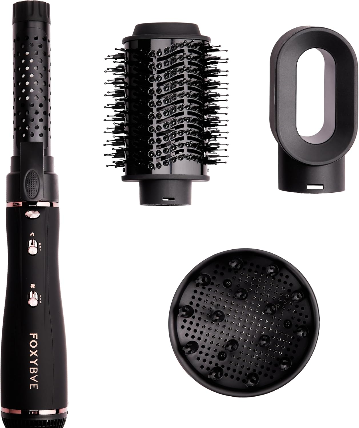 Foxybae 4-in-1 Blow-Dryer Brush Set - Curling Barrel & Diffuser for Frizz-Free Hair | Black Rose-Gold