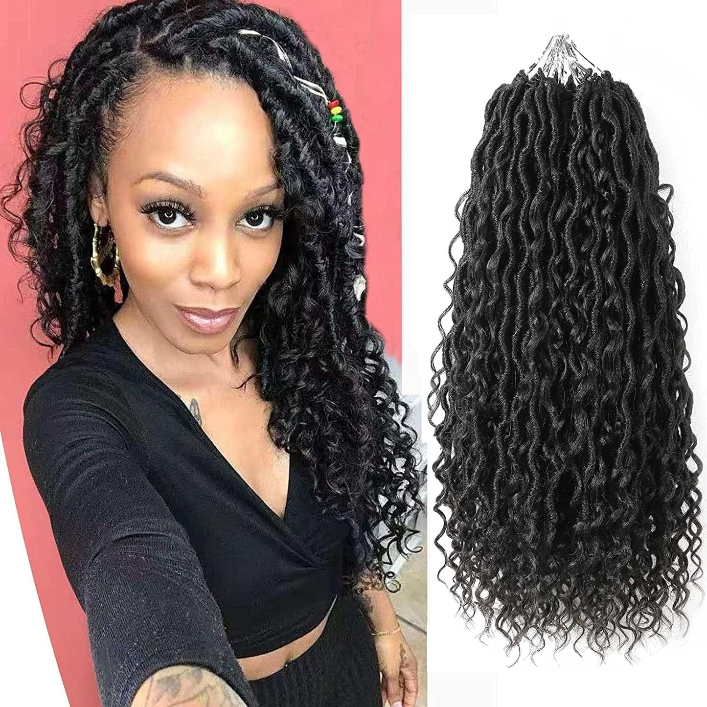 Ahrencan Boho Goddess Locs Crochet Hair 18 Inch, 7 Packs With Curly Ends, Soft Pre-Looped Hippie Locs for Women (18in, Pack of 7, 1B#)