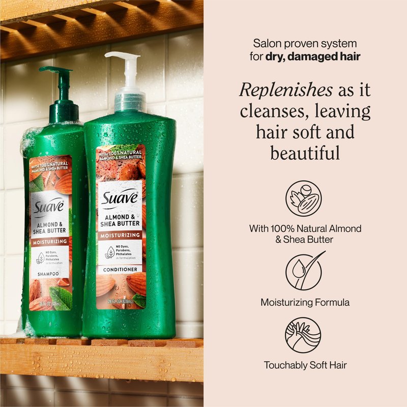 Suave Moisturizing Shampoo With 100% Natural Almond & Shea Butter, Replenishing Hair Care For Dry, Damaged Hair No Parabens, Phthalates, or Dyes, 4 Pack, 28 FL OZ EA