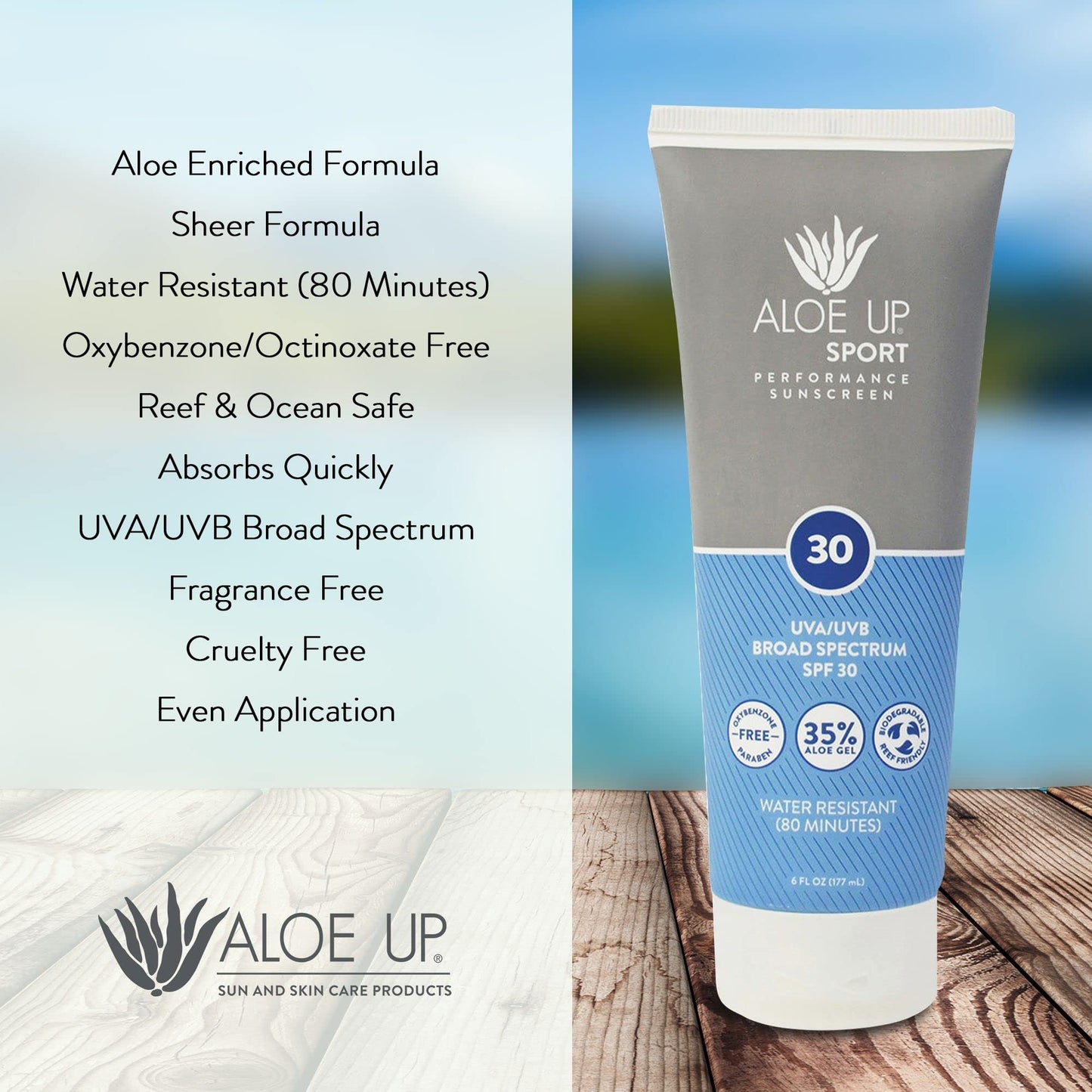 Aloe Up Sport Sunscreen Body Lotion SPF 30 – Broad Spectrum Sunblock with Hydrating Aloe Vera Gel – Non Greasy, No White Cast, Reef Friendly, Fragrance Free –