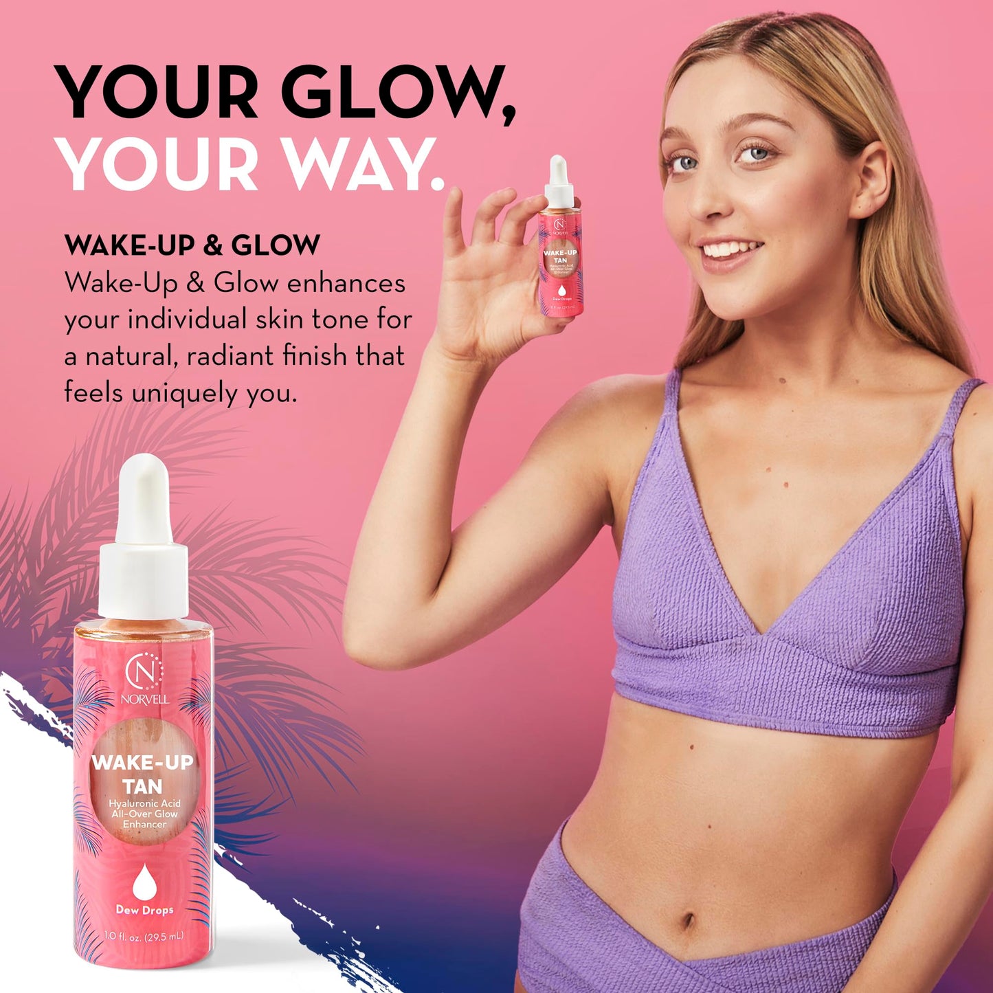 Norvell Wake-Up Tan Dew Drops, 1 oz Luminizing Glow Drops for Face & Body, Mix with Makeup or Moisturizer, Fragrance-Free Cosmetic Illuminator