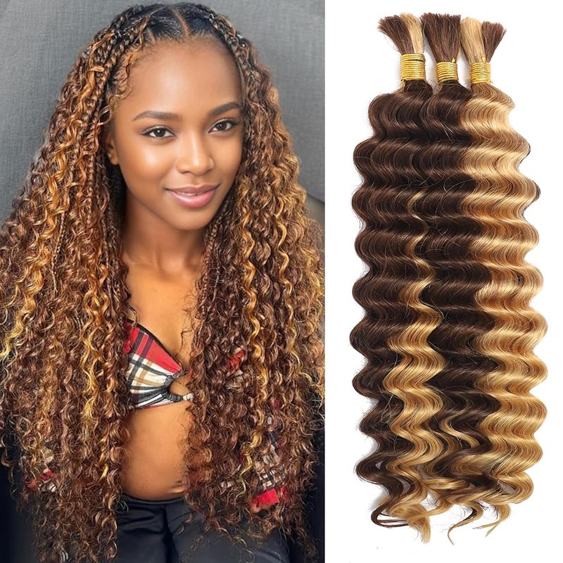 Human Braiding Hair - 14 Inch Deep Wave Bulk 3 Bundles for Boho Braids | Curly Knotless 12A Brazilian Virgin Ombre Balayage