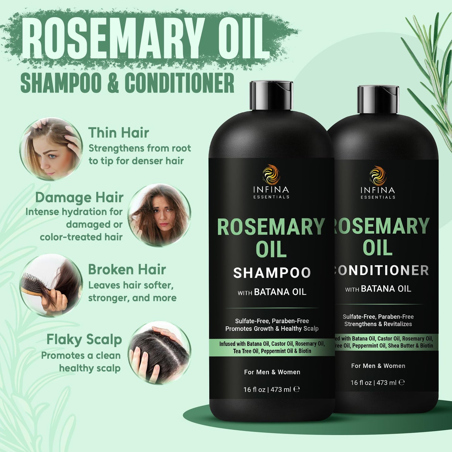 INFINA ESSENTIALS Rosemary Oil Shampoo and Conditioner Set | 16 fl oz Each | with Batana Oil & Biotin | Sulfate-Free Thickening Formula for Thinning Hair | For Men & Women
