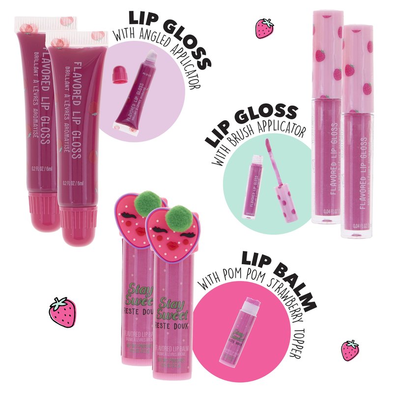EXPRESSIONS 6pc Strawberry Flavored Lip Gloss & Lip Balm Set – Non-Toxic & Safe for Sensitive Skin | Hydrating & Shiny Lip Kit for Kids & Girls | Birthday Gift – Sweet