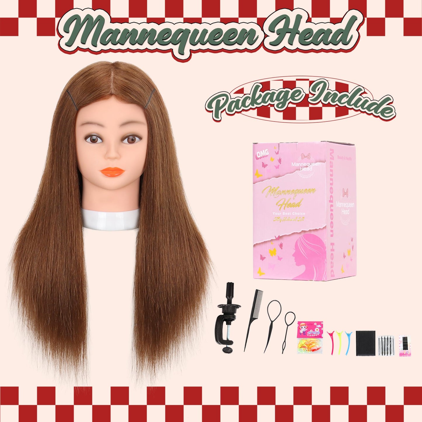 Mannequin Head Human Hair 22-24" Cosmetology Manikin Head with 100% Real Human Hair for Hairdresser Practice with Free Clamp Holder and Tools (Dark Brown)