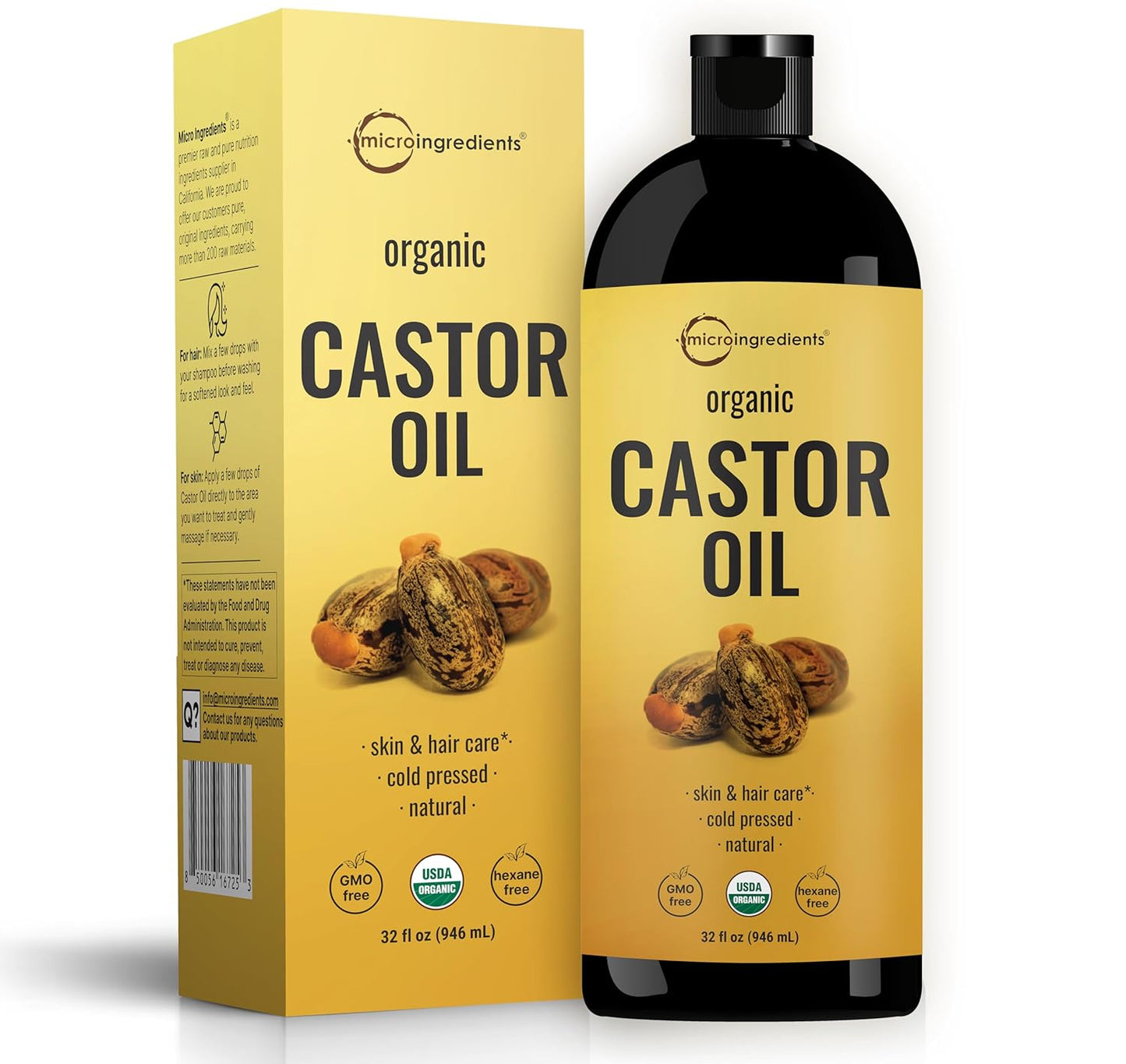 Organic Castor Oil - 100% Pure Cold-Pressed Carrier Oil for Hair, Skin & Eyelashes - 32 fl oz | USDA Certified, Non-GMO
