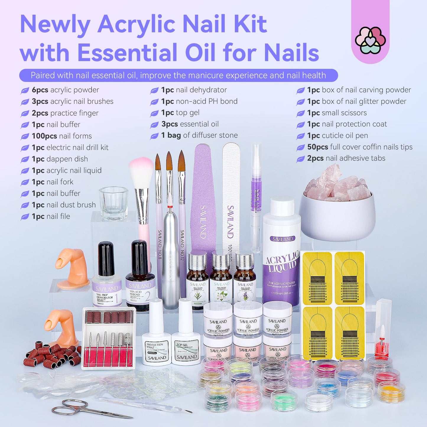 SAVILAND Professional Acrylic Nail Kit with Drill: 6 Colors Acrylic Powder & Liquid Beginner's Starter Set with Essential Oil Nail Primer Dehydrator Nail Tools DIY Home Manicure Christmas Gift