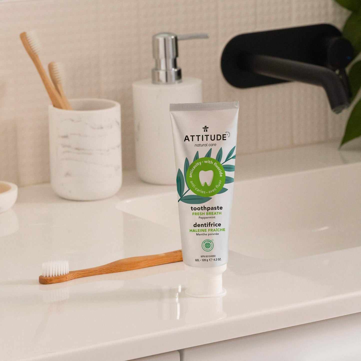 ATTITUDE Toothpaste with Fluoride, Prevents Tooth Decay and Cavities, Vegan, Cruelty-Free and Sugar-Free, Fresh Breath, Peppermint, 4.2 Oz (Pack of 2)