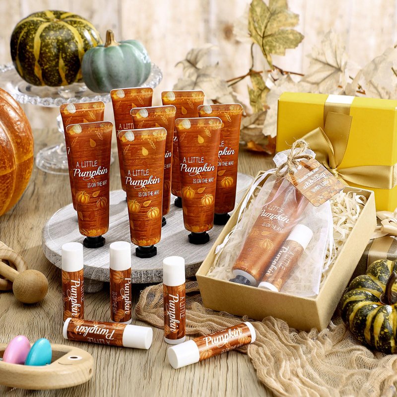 Swiffen 48 Sets 192 Pcs Thanksgiving Pumpkin Hand Cream and Lip Balm Fall Party Favors Gifts for Guests Pumpkin Bridal Baby Shower Wedding Party Favor with Thank You Card Organza Bags Travel Size