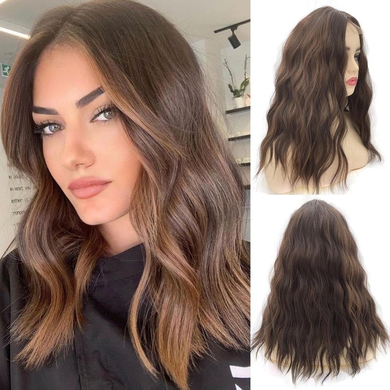 Long Wavy Brown Highlight Wig | Curly Synthetic Heat-Resistant Fiber for Daily Wear & Cosplay - 18 Inch