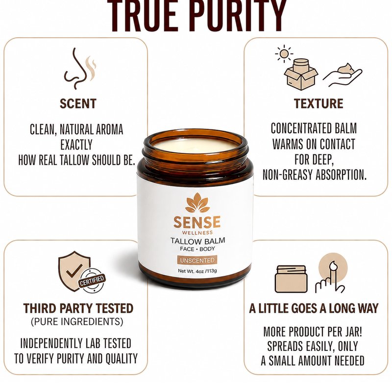 Sense Wellness Beef Tallow for Face & Skin, Moisturizing Balm for Dry Sensitive Skin with Manuka Honey, Unscented, 4 oz