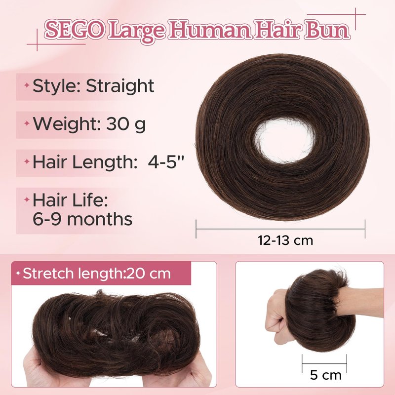 SEGO Messy Human Hair Bun Hairpieces Real Scrunchies 30g Larger Straight Tousled Bun Updo Donut Chignon Ponytail Extensions for Women Girls-1 Count 30g #2R Dark Brown