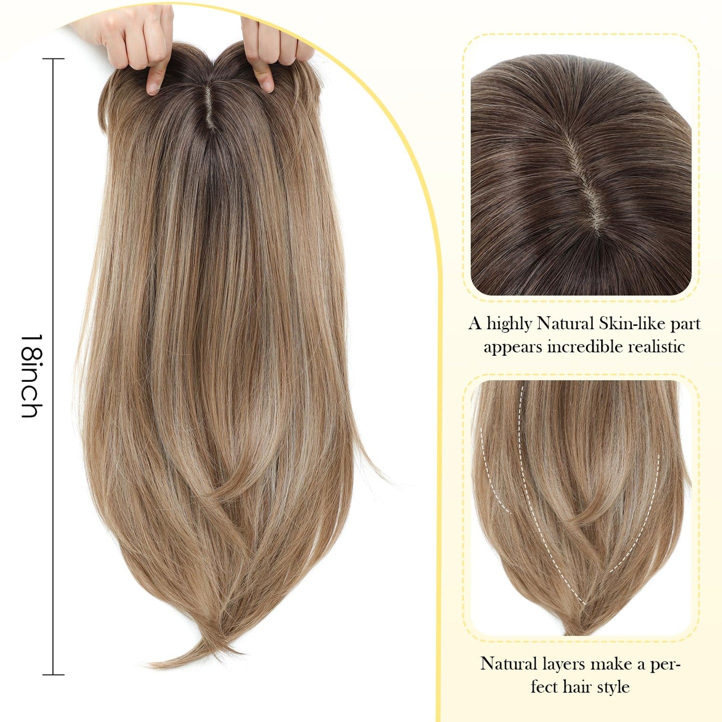 PANEWAY Hair Topper With Bangs Straight 18inch Toppers 6.5“ ×6.5” Base Premium Synthetic Hair Pieces For Women-Light Brown with Dark Root