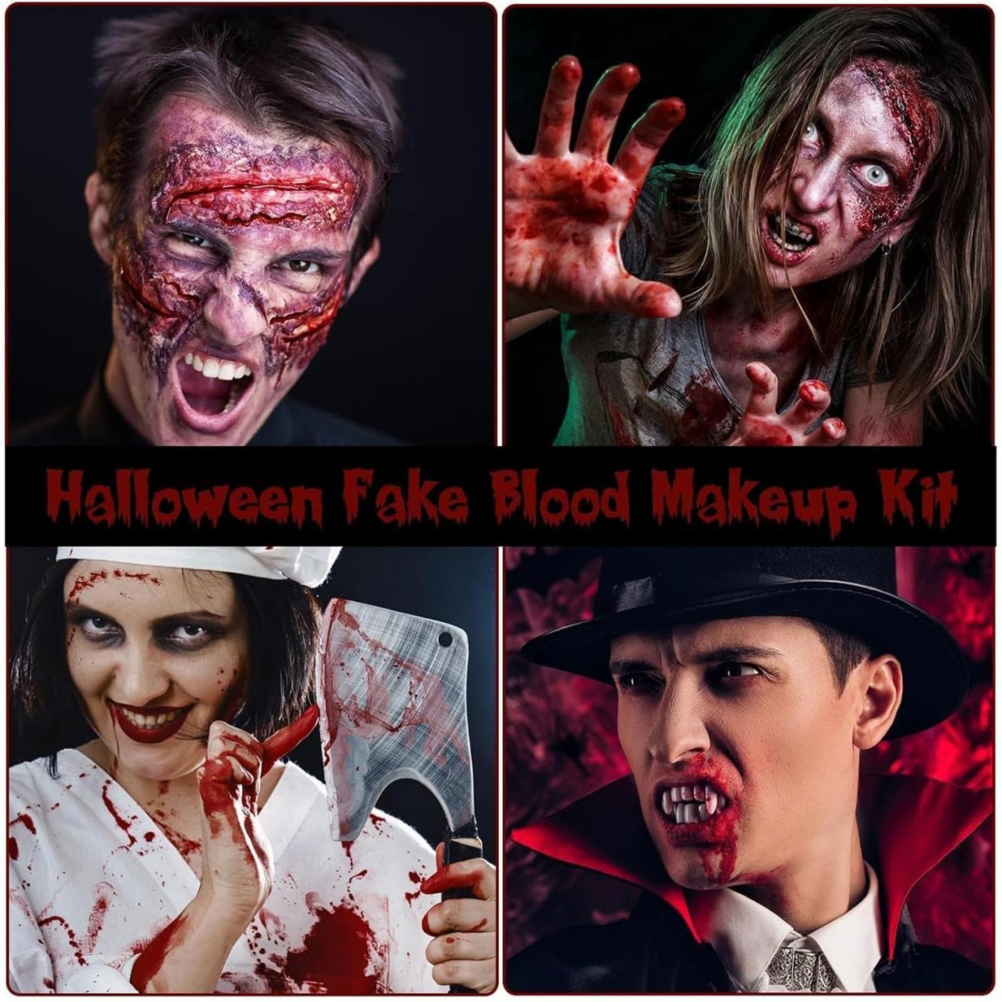 7 PCS Halloween Fake Blood Makeup Kit 3 Size Vampire Teeth Fangs Fresh Red Fake Blood Spray Realistic Coagulated Blood for Party Monster Zombie Cosplay