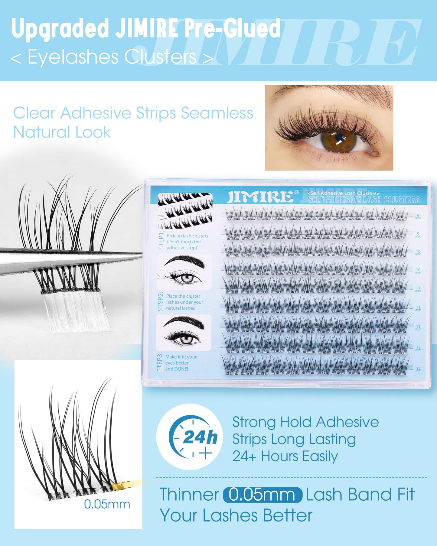 JIMIRE Natural Self Adhesive Eyelashes Wispy Pre Glued Lash Clusters No Glue Needed Press on Lashes Reusable Self Adhesive Lash Clusters Easy to Apply 9-12MM 108Pcs Pack