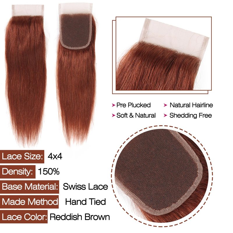 ijoy Reddish Brown 4x4 Lace Closure 8 Inch Straight Breathable Lace Closure Human Hair for Woman 100% Brazilian Virgin Straight Human Hair Closure Pre Plucked with Baby Hair