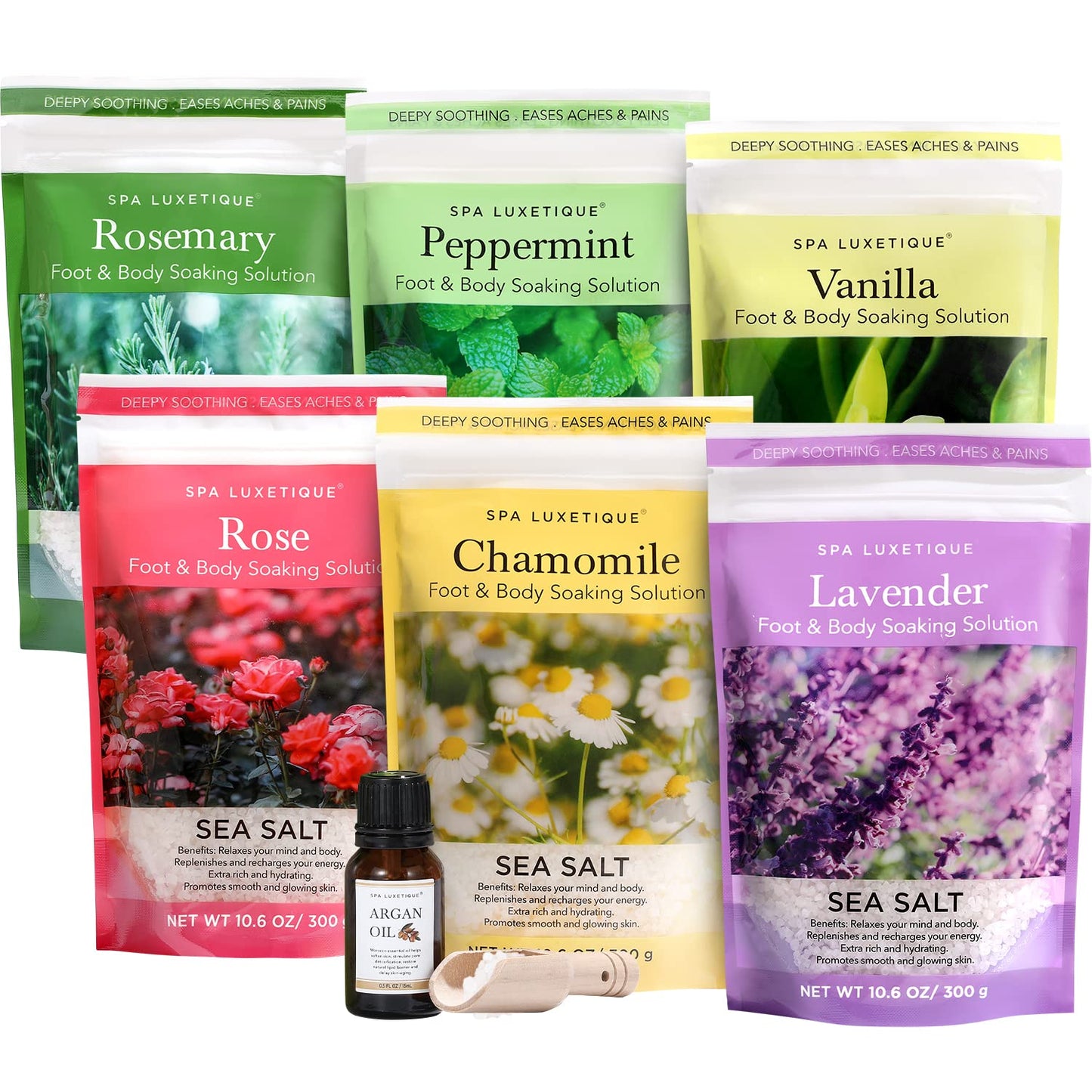 spa luxetique Bath Salts Gift Set 6-Pack, Foot and Body Sea Salts for Soaking, Wooden Scooper, 0.5oz Argan Oil, Bath Salts for Women Relaxing, Mother's Day Gifts for Mom, Christmas Gifts for Her