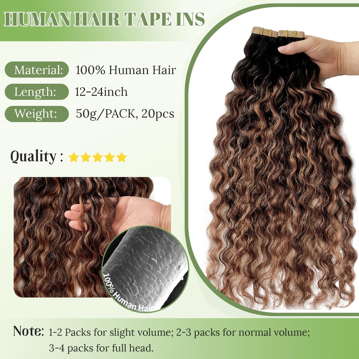 Tape in Hair Extensions Human Hair, Ombre Brown Colored Water Wave Tape in Extensions, 20pcs 50g 16 inch Remy Invisible Tape ins Curly Soft Real Human Hair for Black Women