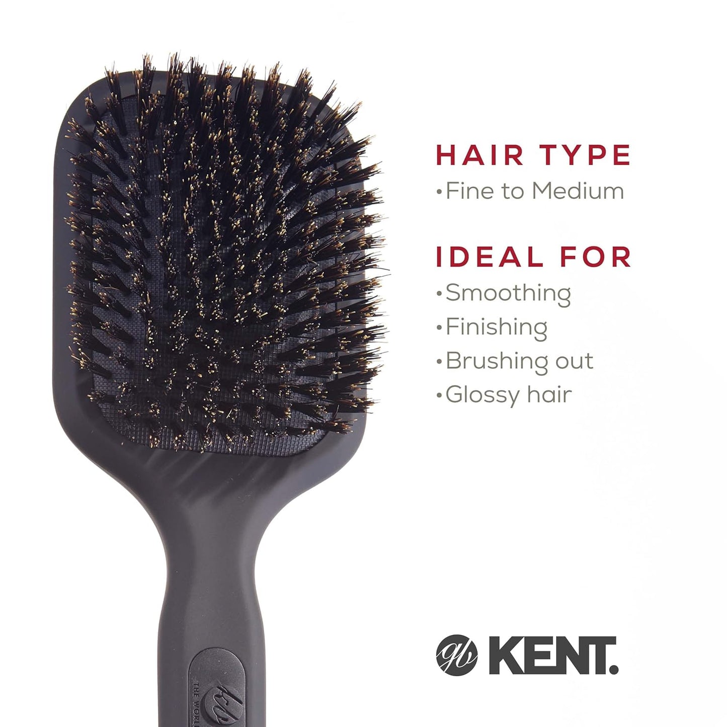 Kent AH13G Airhedz Pro Pure Bristle Paddle Brush - Medium Grey Detangler for Curly, Thick & Wet Hair