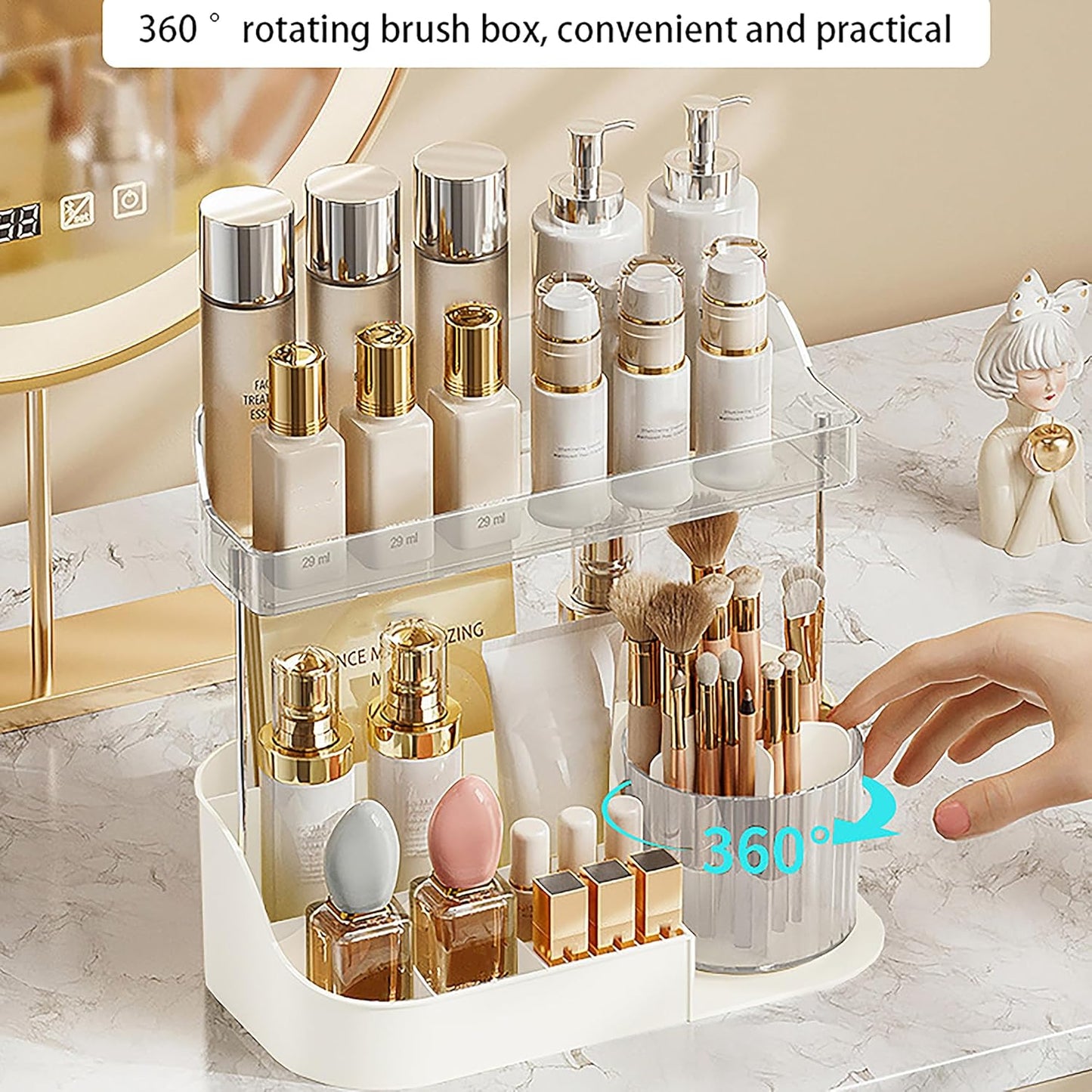 Rotating Makeup Organizer - Double Layer Spinning Cosmetic Storage for Vanity | Multi-Purpose Brush Holder