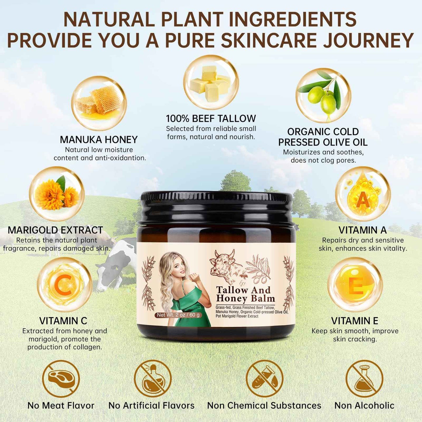 Grass Fed Beef Tallow and Honey Balm For Skin, Organic Beef Tallow Face Cream For Dry Skin, Deep Moisturizing Tallow Body Butter Lotion For Cracked Skin Care, 2 OZ Beef Tallow Moisturizer, 2 PCS.