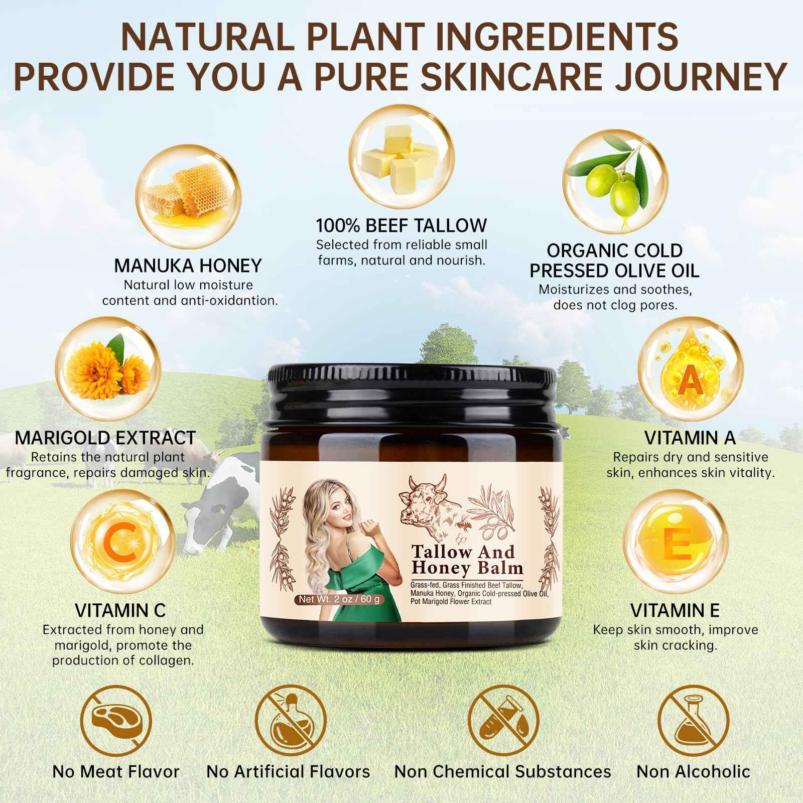 Grass Fed Beef Tallow and Honey Balm For Skin, Organic Beef Tallow Face Cream For Dry Skin, Deep Moisturizing Tallow Body Butter Lotion For Cracked Skin Care, 2 OZ Beef Tallow Moisturizer, 2 PCS.