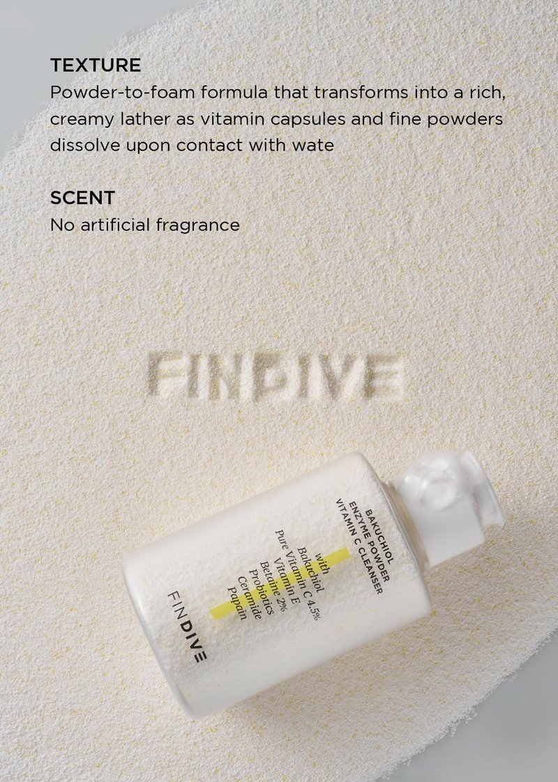 FINDIVE OFFICIAL Bakuchiol Enzyme Powder Vitamin C Cleanser, Gentle Daily Exfoliating Face Wash with 4.5% Pure Vitamin C, Plant-Based Surfactants, Probiotics, Korean Skincare 1.41 fl.oz