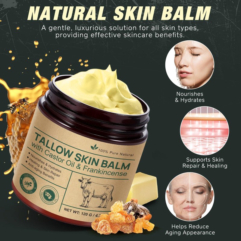 2 Pcak Beef Tallow Cream with Castor Oil and Frankincense, 100% Grass-Fed Tallow for Skin Care, Face & Body Moisturizer for Skin, Sensitive Skin & Dry Skin Age Defying, Eczema All-Purpose Balm