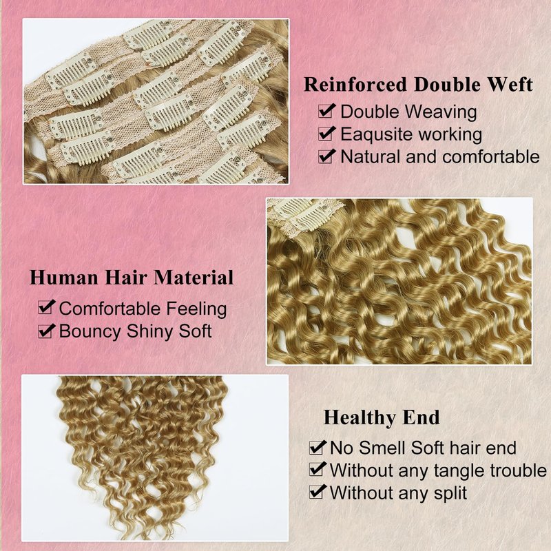Blonde Clip in Hair Extensions Real Human Hair Deep Curly Glueless Extensions for Black Women 100g/3.5oz Remy Wear and Go 8pcs Double Wefts Invisible Seamless Clip ins Hair 14 inch Wet and Wavy