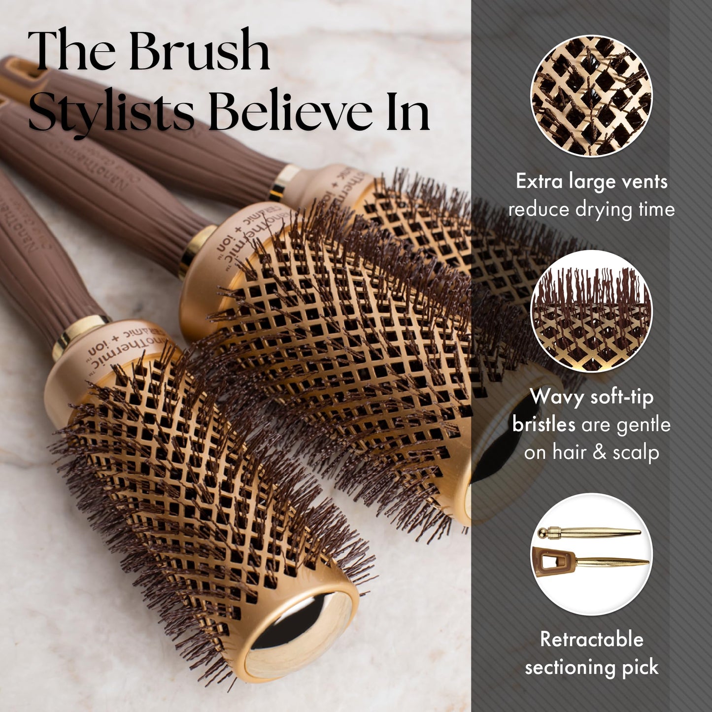 Olivia Garden NanoThermic Ceramic + Ion Round Thermal Hair Brush - Not Electrical - Professional Blowout Brush for Normal to Thick Hair, NT-DL03 3 Piece